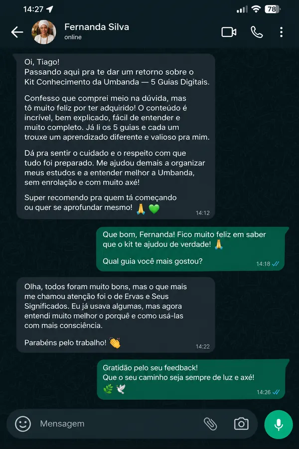 Print de conversa no WhatsApp com o feedback da cliente Fernanda Silva sobre o kit