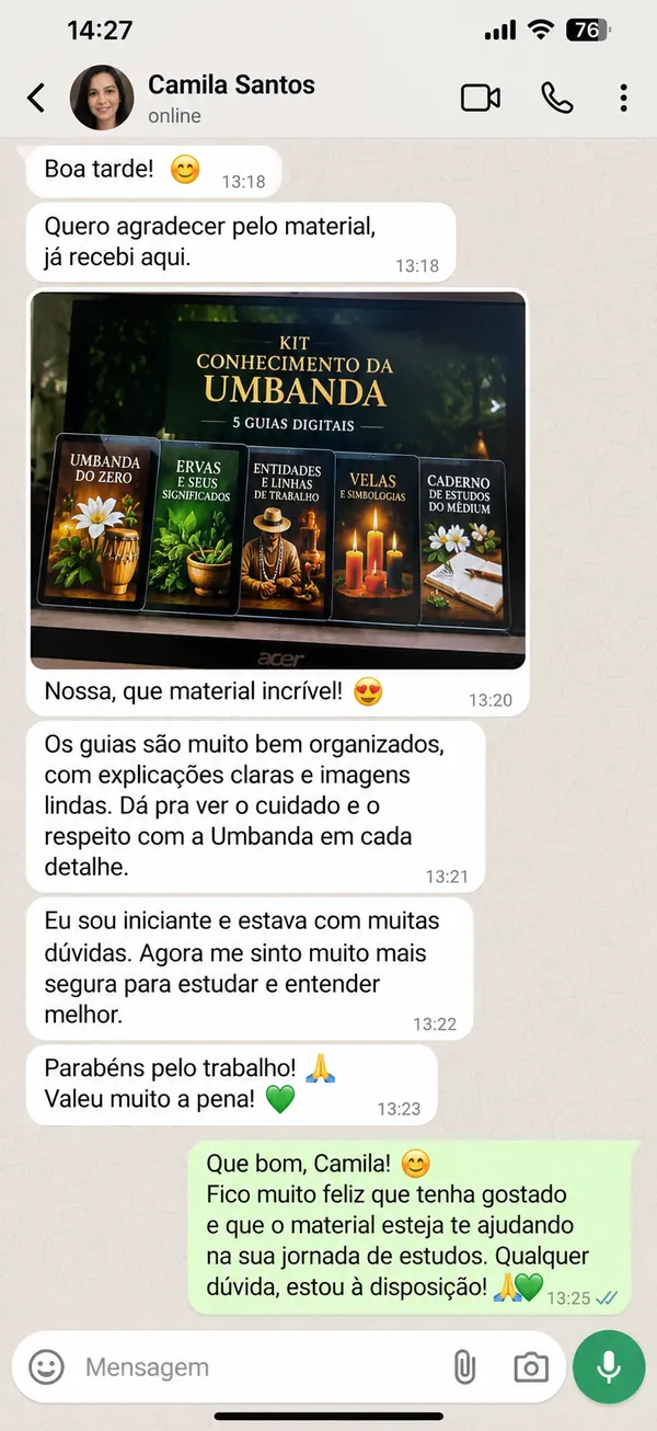 Print de conversa no WhatsApp com o feedback da cliente Camila Santos sobre o kit