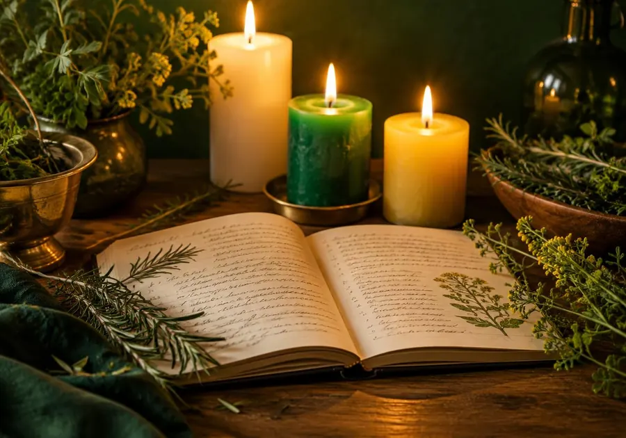 Caderno de estudos aberto entre velas e ervas