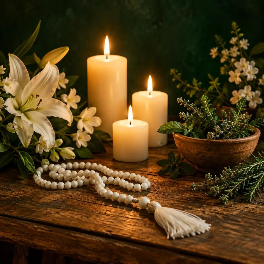 Velas brancas acesas com guia de contas, flores brancas e ervas